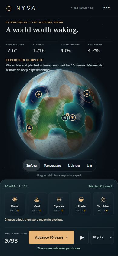 Actual Nysa development screenshot showing a living planet and five engineering tools